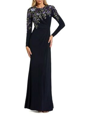 Mac Duggal Navy Long Sleeve Embellished Fitted Jersey Gown
